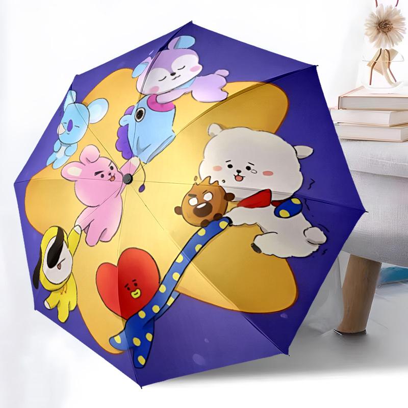 1PC BT21 Characters Automatic Open/Close Umbrella, 8-Rib Sturdy Frame, Lightweight Portable Umbrella, Commute, Business - Ideal Gift for Friend, Vibra