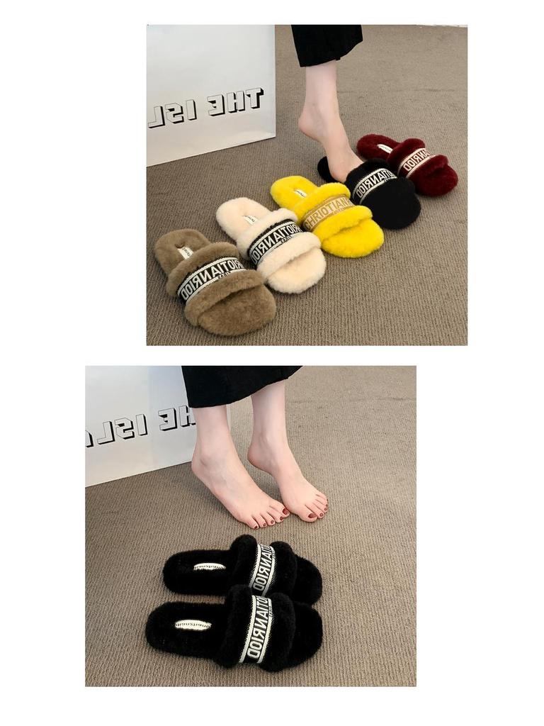 2025 Autumn/Winter Women's Fuzzy Flat Slippers - One-Strap, Letter Design, Versatile Korean Style, Warm Outdoor Footwear (EU)