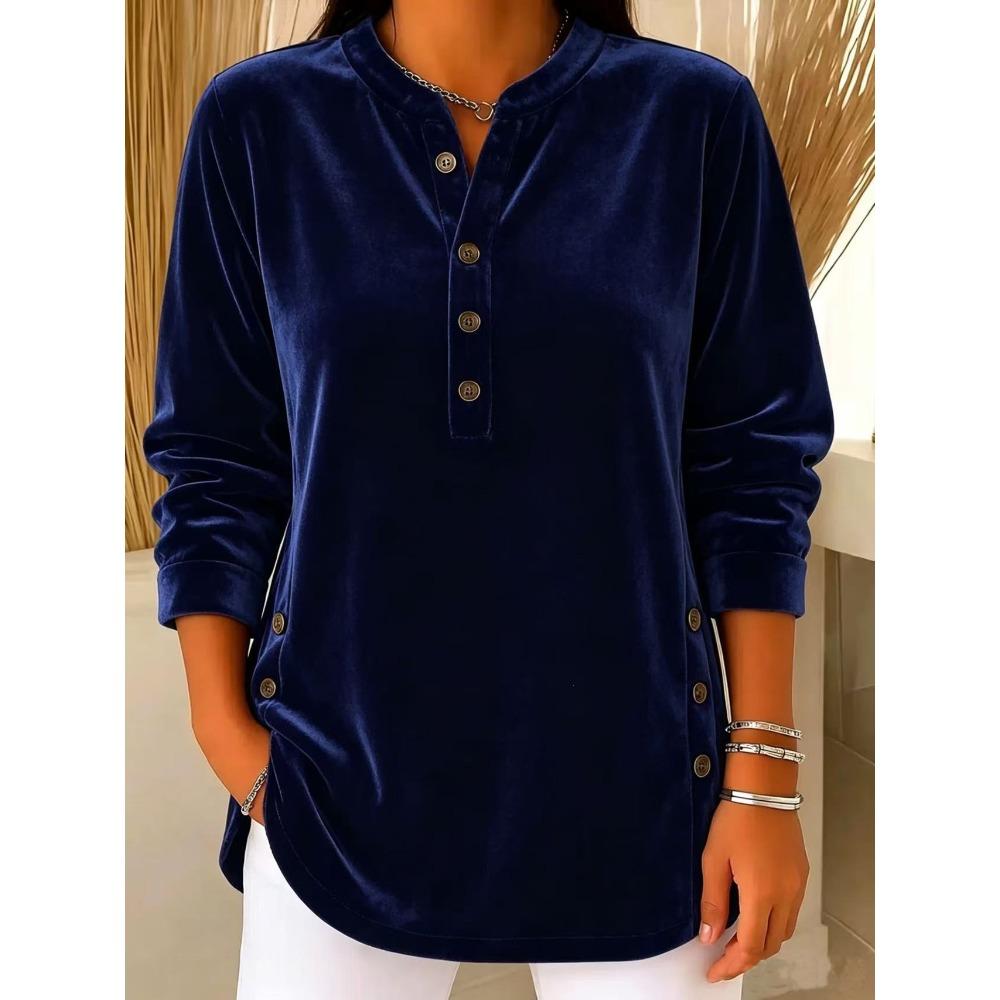 Autumn Winter New Women's Gold Velvet Top Casual Loose V-Neck Button Long Sleeve T-Shirt Velour Tee