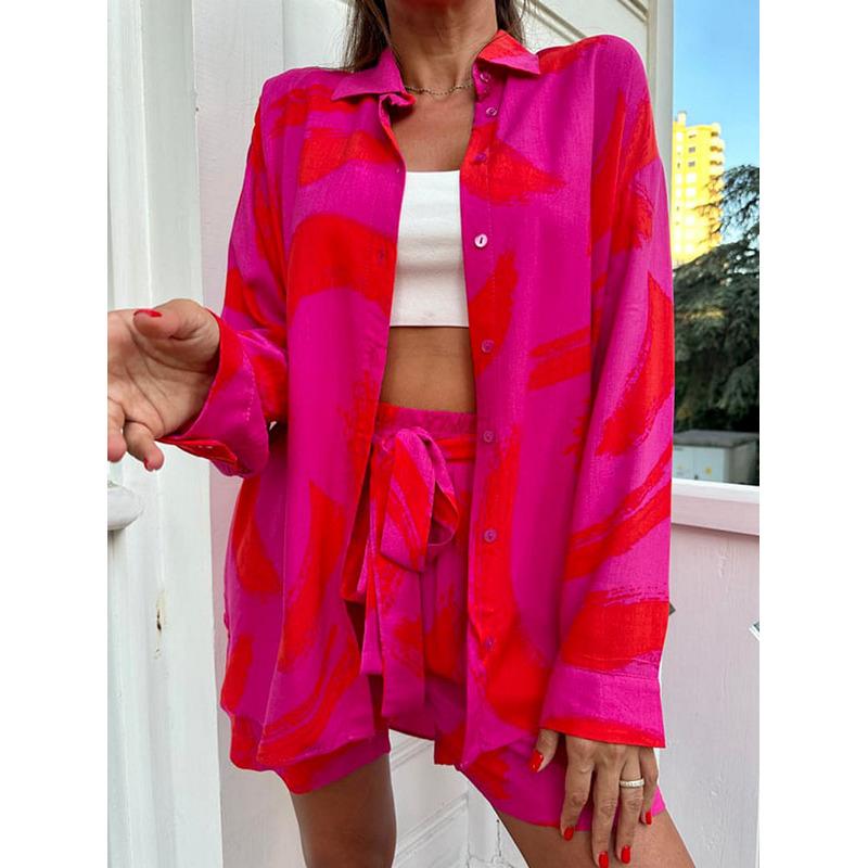 European and American Style Shirt Set for Women,-Border Elastic Waist Tie Large Size Shirt and Shorts Two-Piece Set for Summer