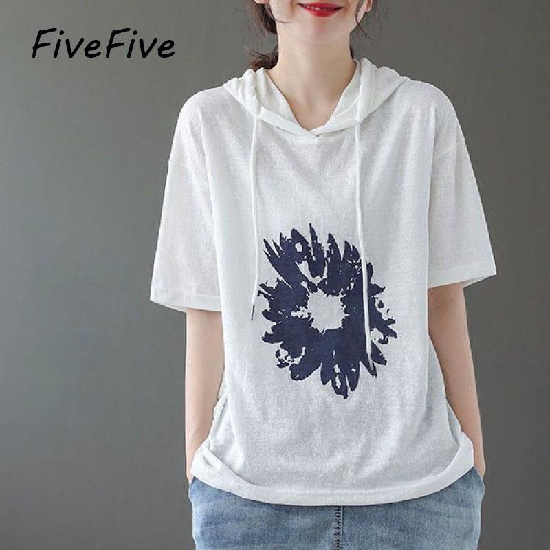 Fashion Cotton Printed Short Sleeve Hoodie Women Oversize Hooded Sweatshirt S белый