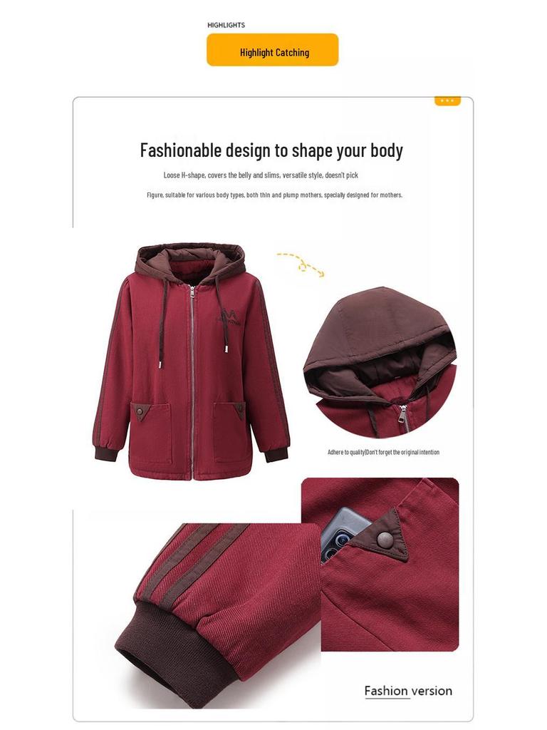 Plus Size Hooded Velvet Coat for Middle-Aged Women - Fashionable Cotton-Padded Jacket