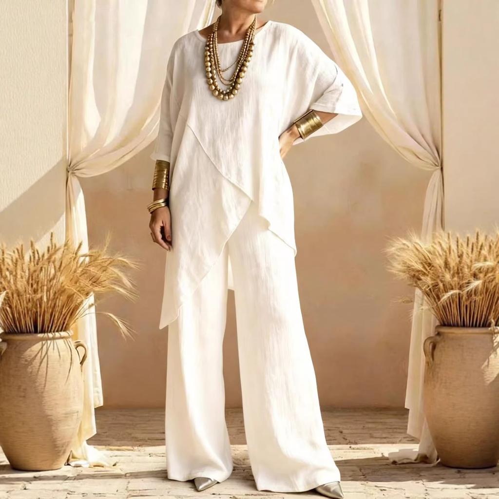 Dámský lněný dvoudílný set Asymetrický top & Široké kalhoty Ležérní letní outfit