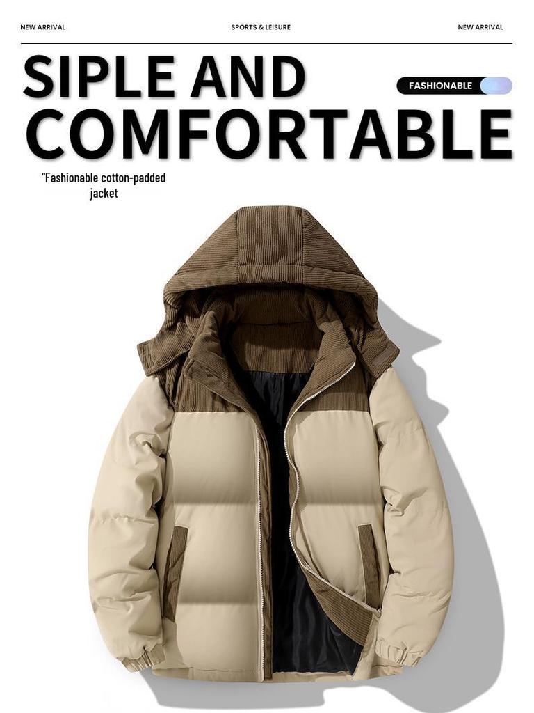 Men's Winter Corduroy Color Block Jacket - Loose Fit, Cotton-Padded Coat (Foreign Sizes)