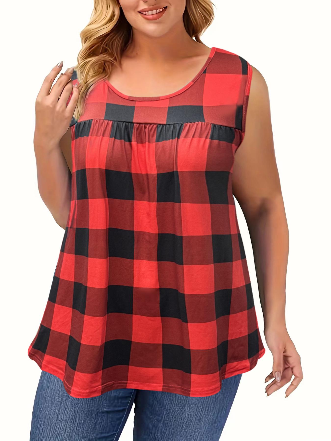 2026 Summer Plaid Print Plus Size Women s Loose Fit Round Neck Vest 3XL