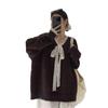 Soft waxy gentle wind lace splicing lace-up knitted sweater women's fashion solid color loose pullover sweater