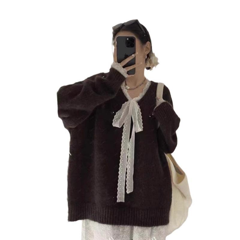 Soft waxy gentle wind lace splicing lace-up knitted sweater women's fashion solid color loose pullover sweater