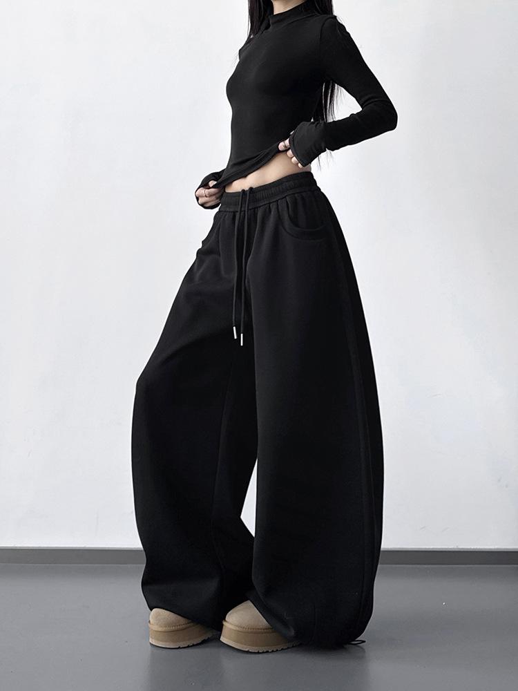 Women's Stylish Black Velvet Wide-Leg Sports Pants - New 2025 Winter Fashion, High Street Casual Style