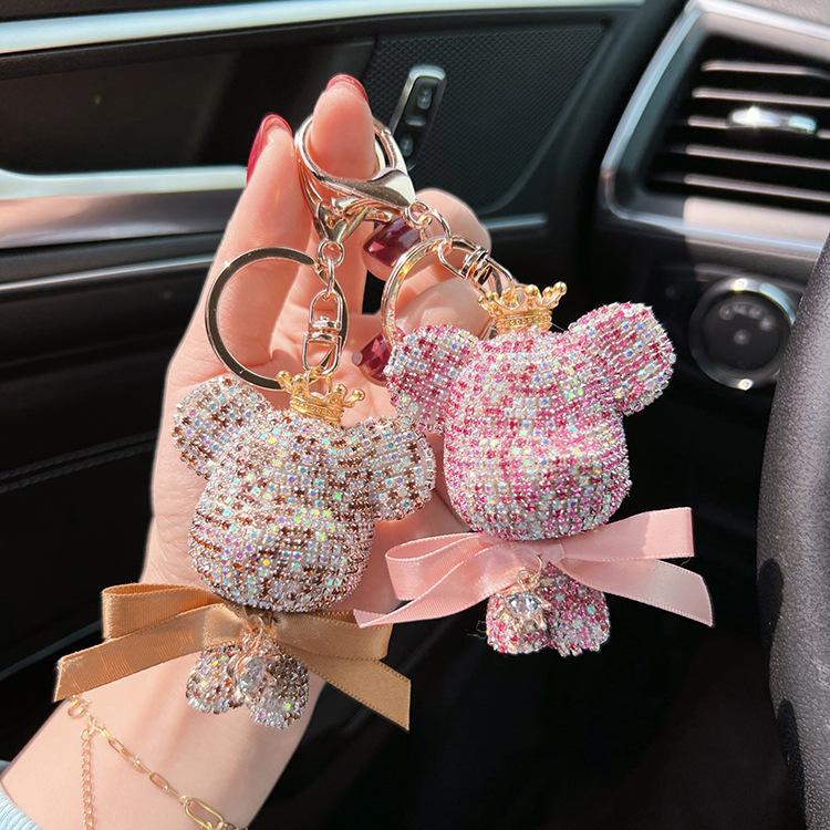 Stylish Diamond Crown Bear Keychain with Ribbon - Charming Doll Accessory and Elegant Gift