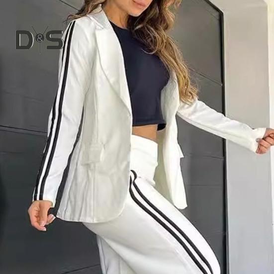 2 Pcs/Set Lady Formal Coat Pants Set Turn-down Collar Long Sleeves Jacket Loose Striped Wide Leg Trousers Casual Daily Wear Commuting Outfit