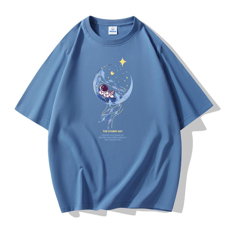 Moon Astronaut Pattern Men's Short Sleeves Cotton T-shirt Large Size Loose Tee