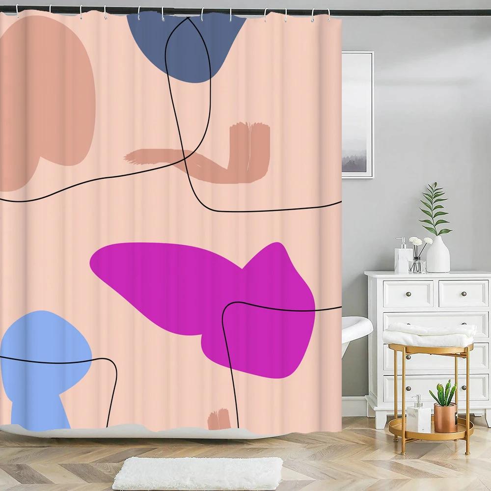 Nordic Style Abstract Art Line Shower Curtains Waterproof Polyester Bath Curtain Morandi Color Block for Bathroom Curtains Decor