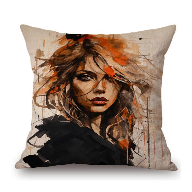 Modern Art Ink Splash Painting Fashion Girl Lady Portrait Beautiful Face Home Decorative Sofa Throw Pillow Case Cushion Cover