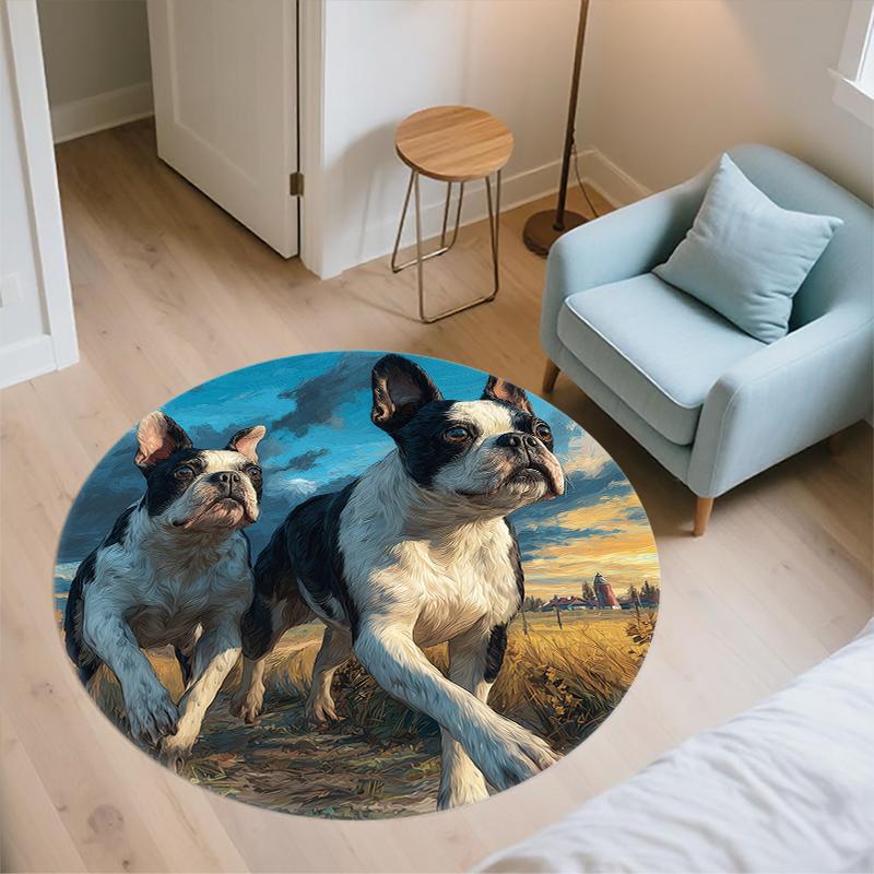 Boston Terrier Oil Painting Pattern Round rug,Carpet Rug for Living Room Bedroom  Playroom ,Non-slip Floor Mat,Holiday Gifts and Birthday Gifts.