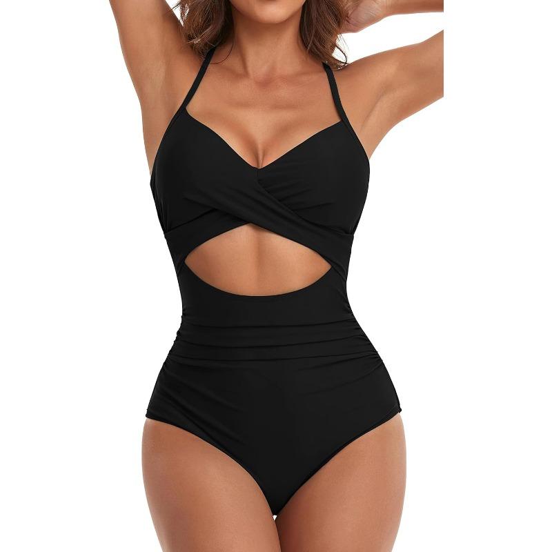 New sexy solid color cross-wrinkled hollow straps lace-up one-piece swimsuit swimsuit