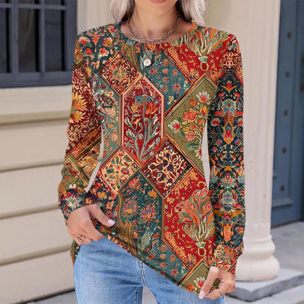 Women's Fashionable Casual Floral Retro Print Pleated Comfortable Round Neck Loose Long Sleeve T-shirt Top
