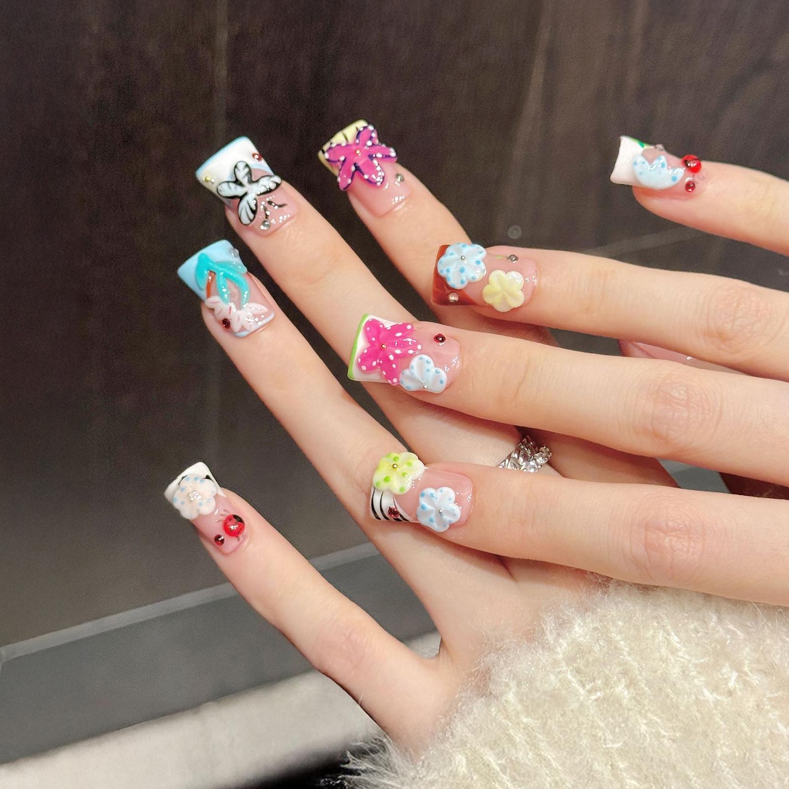 10PCS Duckbill False Nails with French Tip Pastel Floral Butterfly Design for Party Gift XS