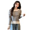 2025 Autumn Korean Style Striped Round Neck Knit Sweater for Women