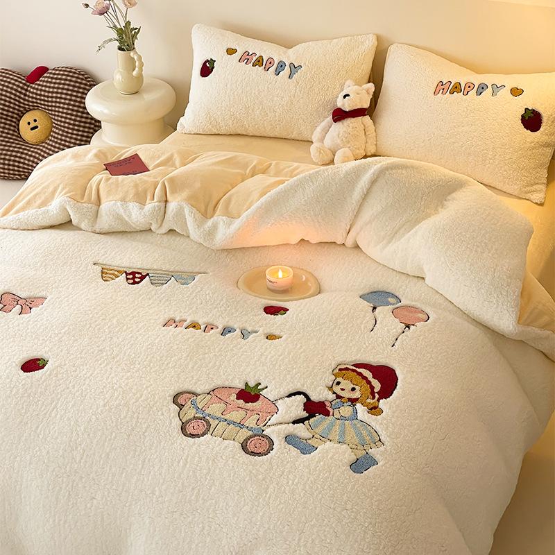 Cartoon Lamb Wool Four-Piece Set Thickened Milk Fleece Quilt Cover Coral Fleece Bedding Fleece Sheets