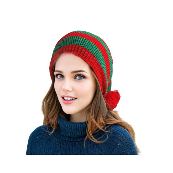 Santa Hat Red White Green Striped Print Knitted Christmas Hat with Plush Ball Decor Holiday Accessory