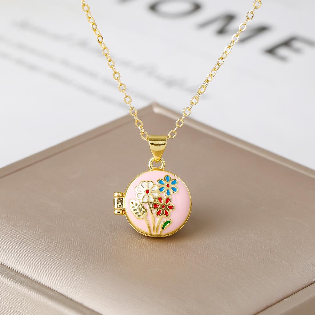 Round Photo Box Enamel Flower Gold-Plated Pendant Necklace Fashion for Women's Girls' Party Wedding Luxury Jewelry Gift