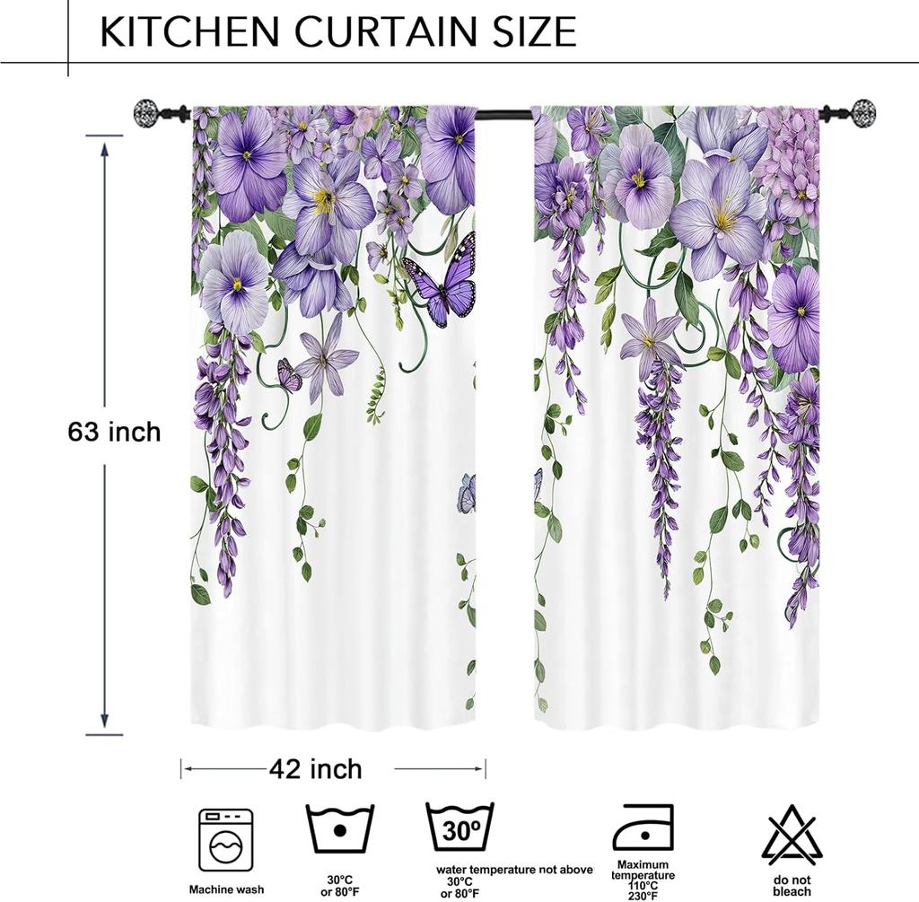 Purple Floral Butterfly Lilac Window Curtains Spring Flower Summer Girls Nature Garden Plant Drapes Treatment Curtain Polyester With Rod Pocket