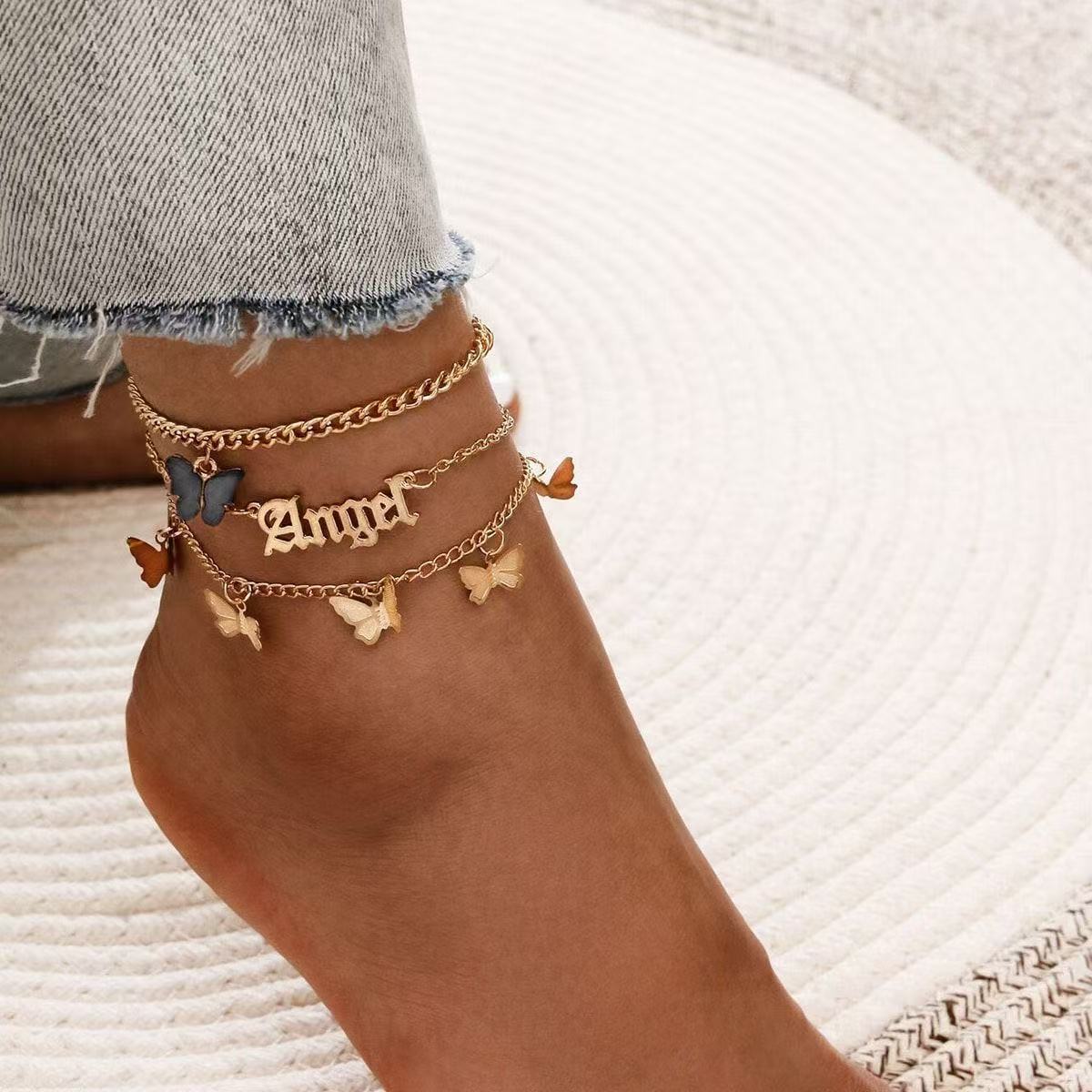 

Sweet Acrylic Pink Butterfly Tassel Anklet Angel Letter Pendant 3 - Piece Set Women