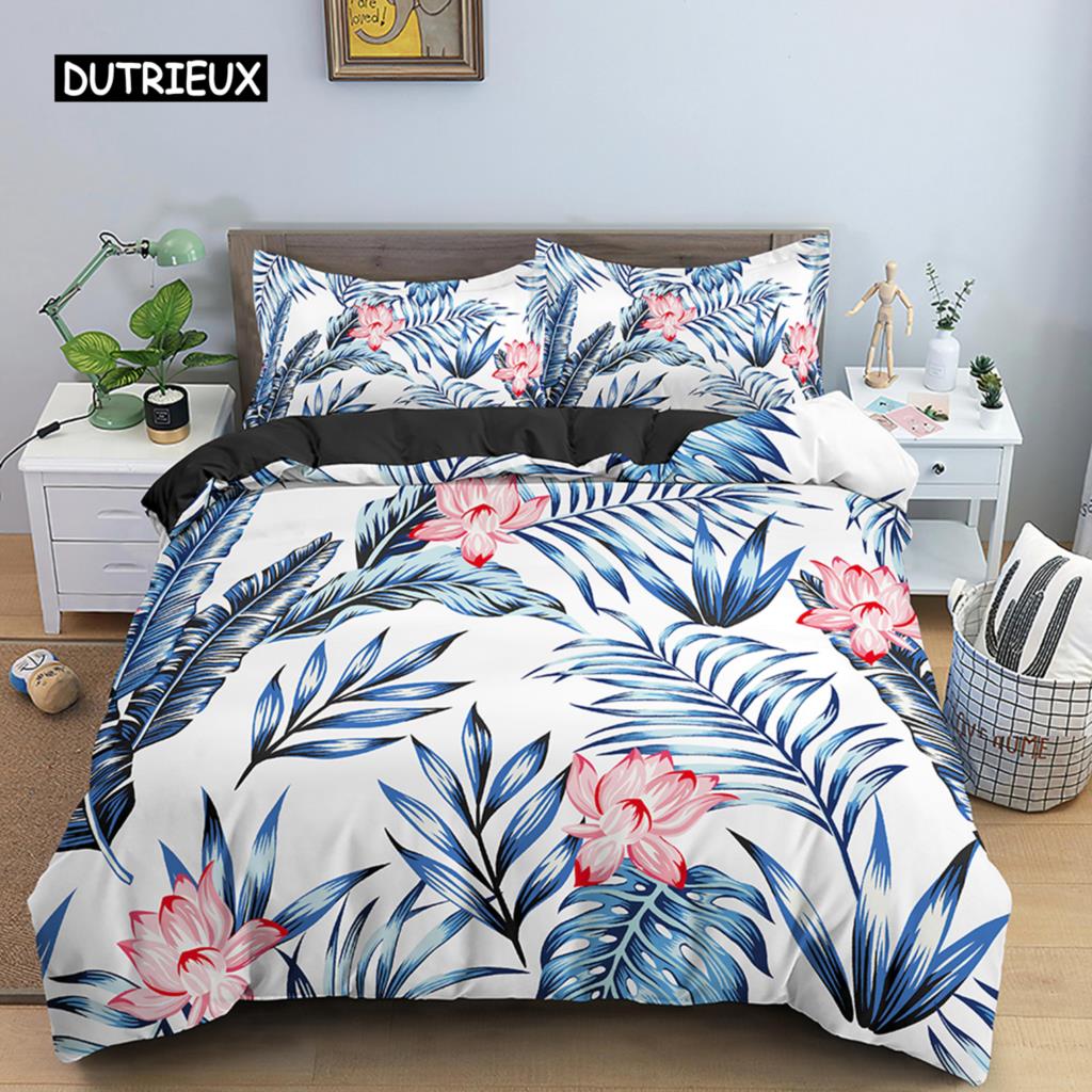Tropical Palm Leaf Duvet Cover Colorful Leaves Comforter Cover Set Rain Forest Jungle Plant Bed Covers For Women Men Kids Teens