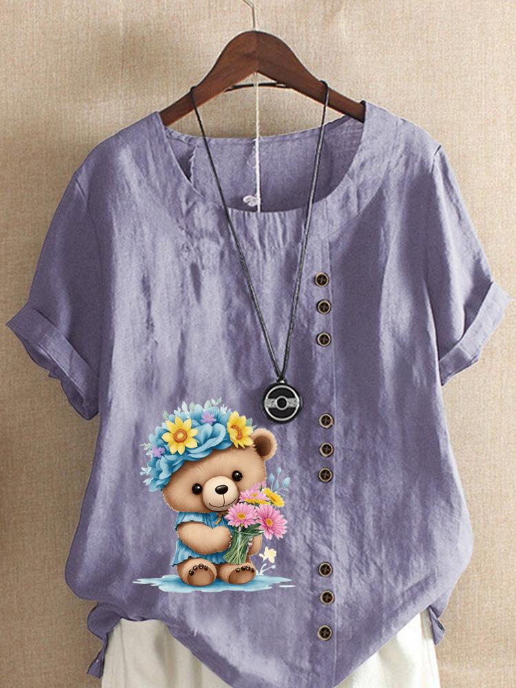 Women's Fashion Flower Bear Print Casual Cotton Linen Short Sleeve Round Neck T-shirt Shirt Leisure Loose Summer Blouse Tops