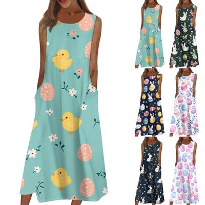 Robes imprimées décontractées pour femmes, col rond, basique, classique, extérieur, quotidien, sans manches, robes amples
