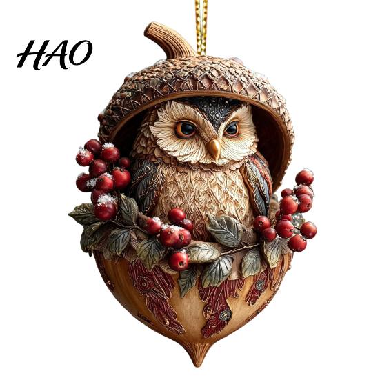 Elegant Holiday Decor Forest Animal Acorn Hanging Ornament, 2D Acrylic Flat Printed Tree Seasonal Ornaments for Christmas, Woodland Creature Pendant,