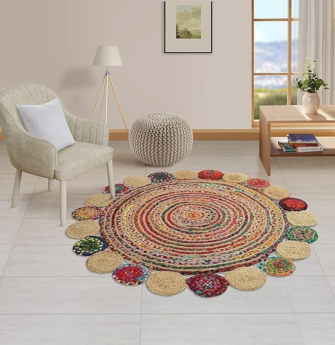 Aizza Trends Indian Handmade Braided Natural Jute and Cotton Round Floor Area Rug- Jute Rug- Dining Room- Living room-Center Table Carpet-Floor Mat