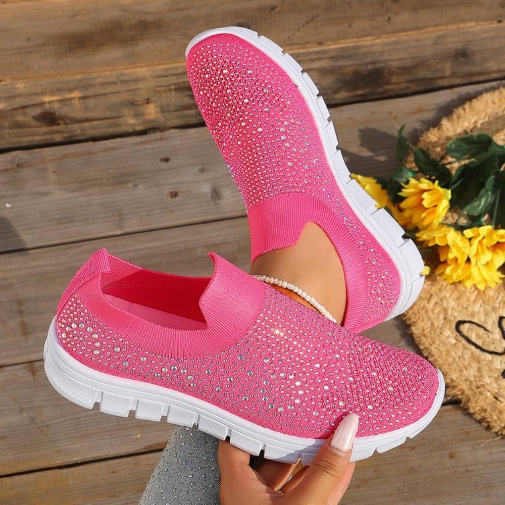 Summer New Women's Glitter Mesh Slip-On Sneakers Shiny Rhineste Breathable Lightweight Casual Walking Shoes Multiple Colors