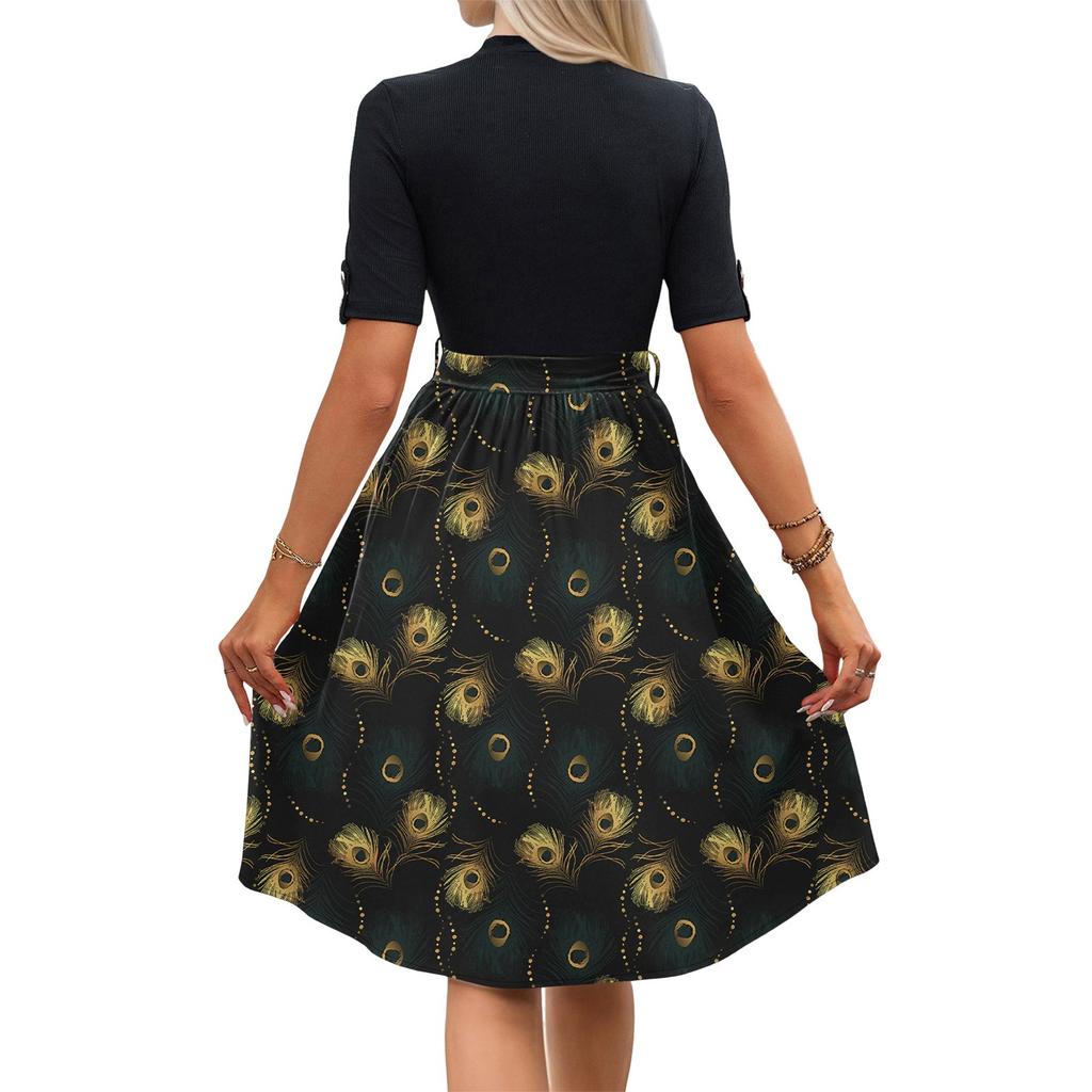 Women's Fashion Casual Belt Short Sleeve Round Neck Floral Elegant Temperament Dress