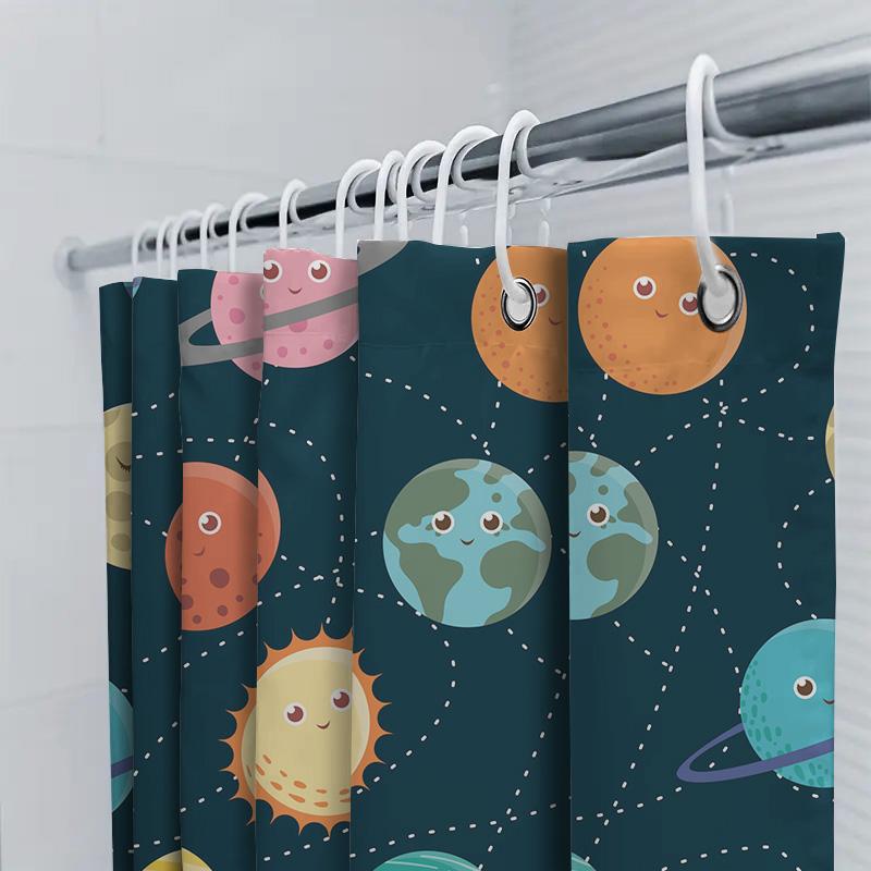 Space Planet Sun Moon Shower Curtain Cartoon Print Waterproof Fabric Bathroom Decorations Dark Blue Color Home Decoration Gift