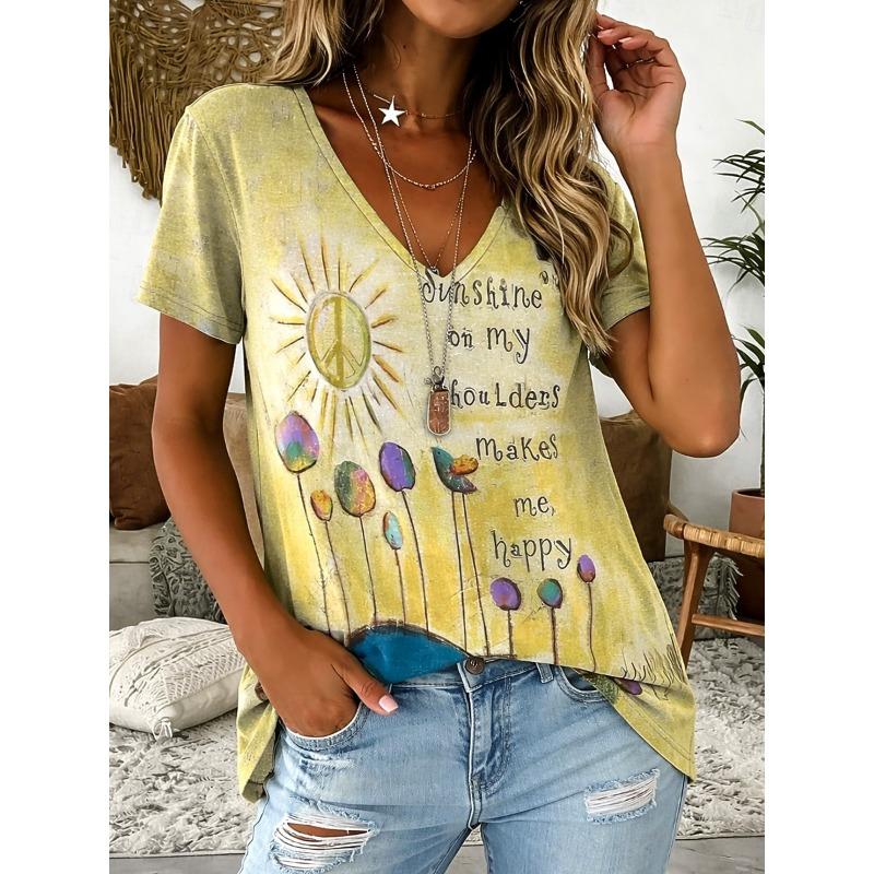 Women's T-Shirt Print Floral Pattern Botanical Retro Fashion Classic Short Sleeve V Neck Long Top Casual Summer Spring