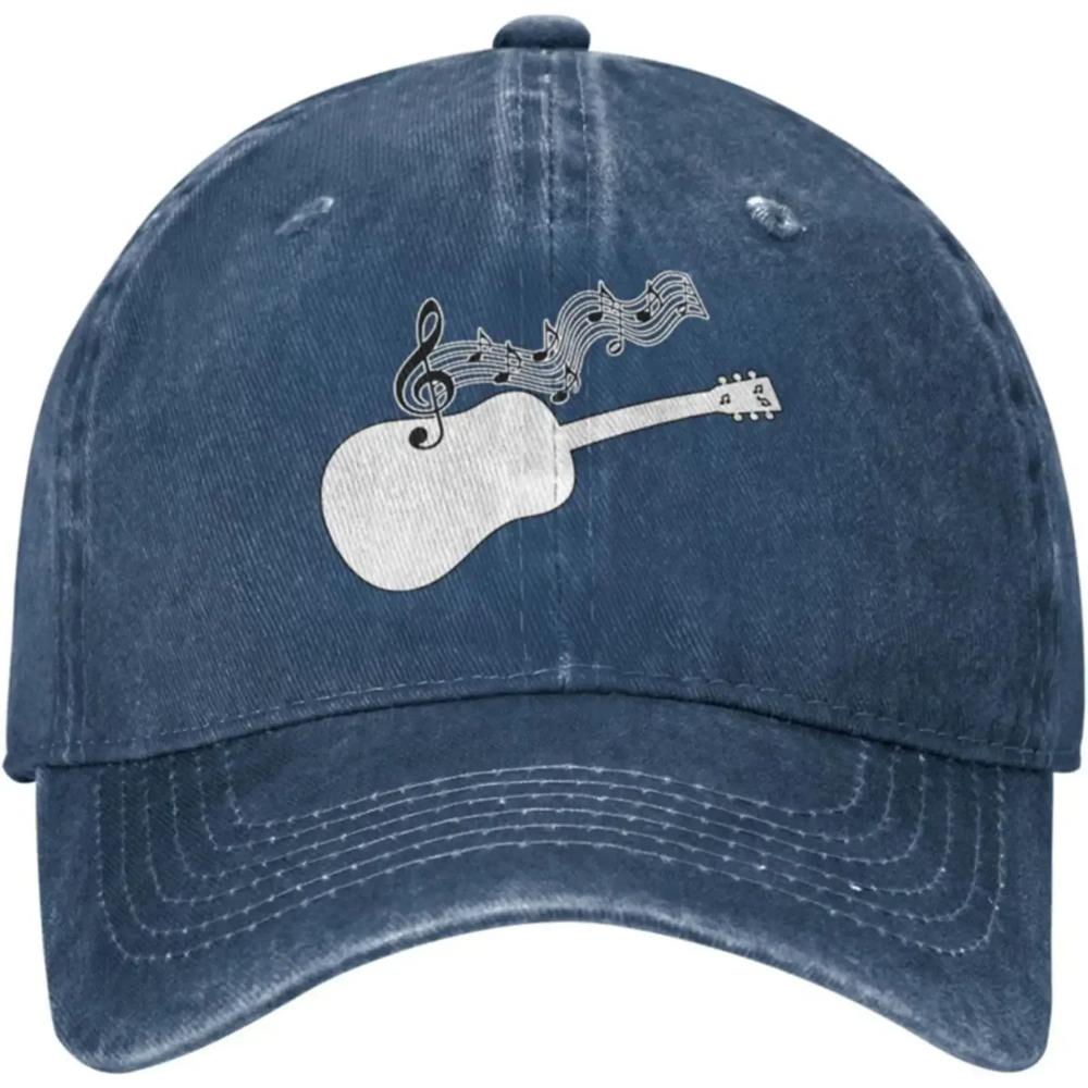 Mens Womens Adjustable Baseball Cap with Acoustic Guitar Musical Notes Pattern Denim Fabric Snapback Classic Hat