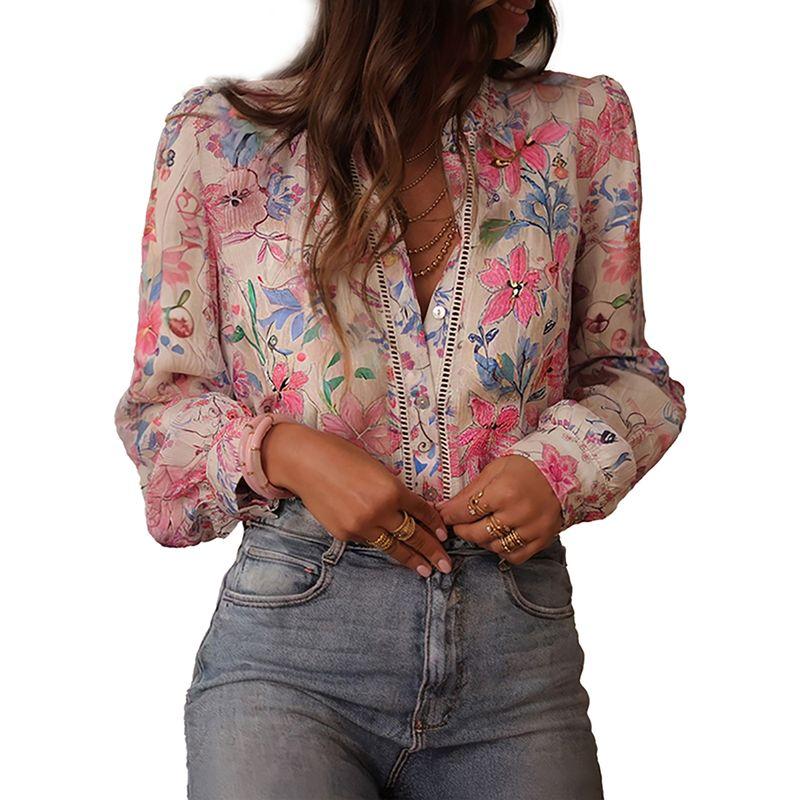 

American Shiying Spring New Floral Print Shirts Women 2025 Elegant Retro Single-Breasted V-neck Shirt Flowers Size XL fit (70.00 kg-75.00 kg