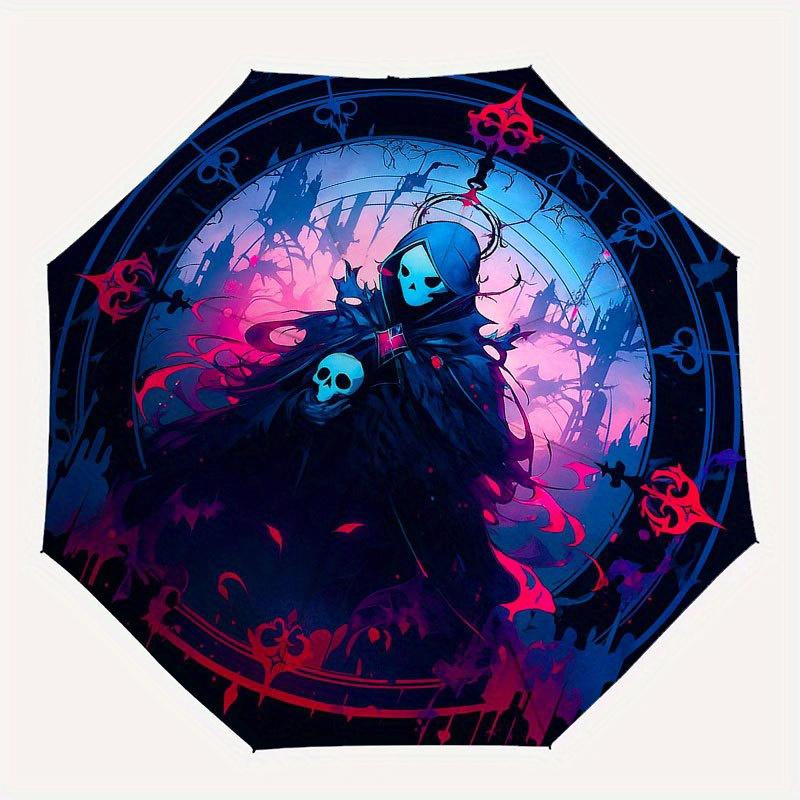 Dark Fantasy Reaper Hoodie: Spooky Skull ArtworkUmbrella with Cute Design, Portable 3-Fold Compact Umbrella for Men & Women, Valentine's Day Mother's