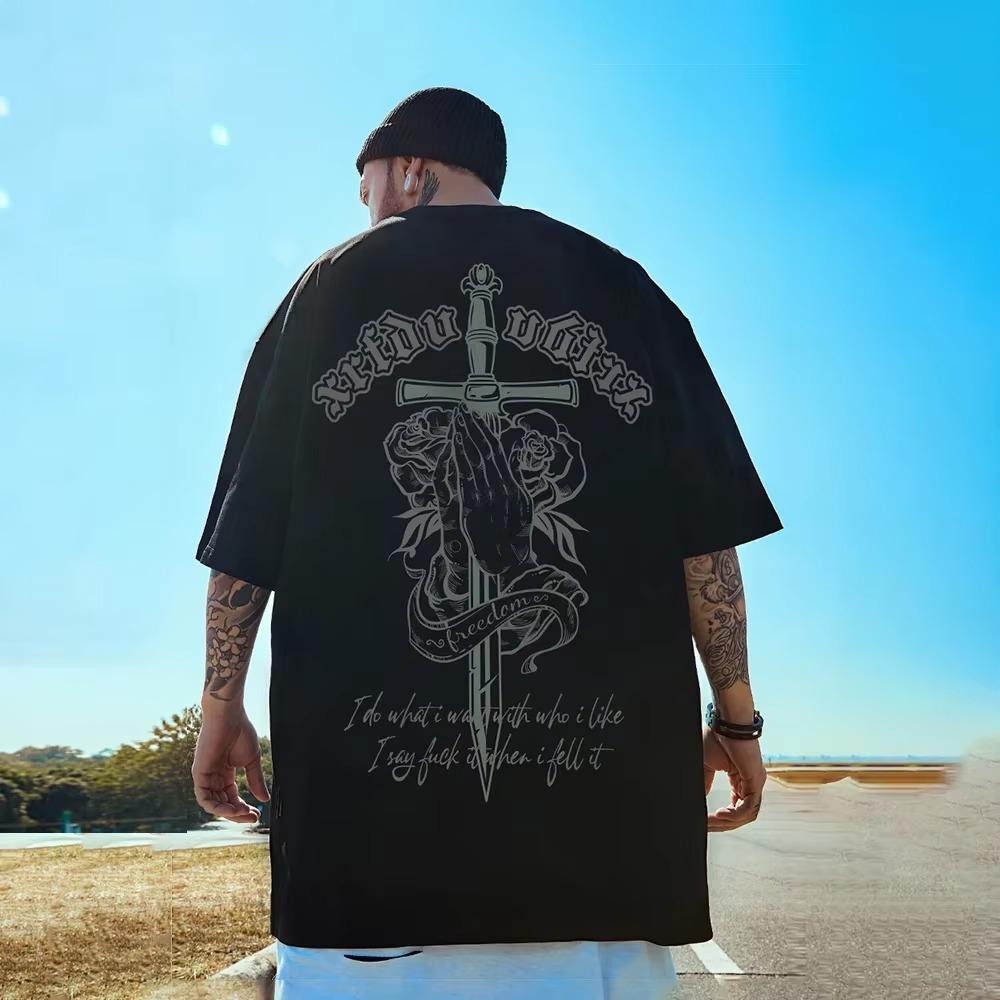 Religious Cross Faith Rose Print Men's T-shirt Short Sleeve 100% Cotton Tee Summer Casual Streetwear Plus Size Clothing Y2k Tops