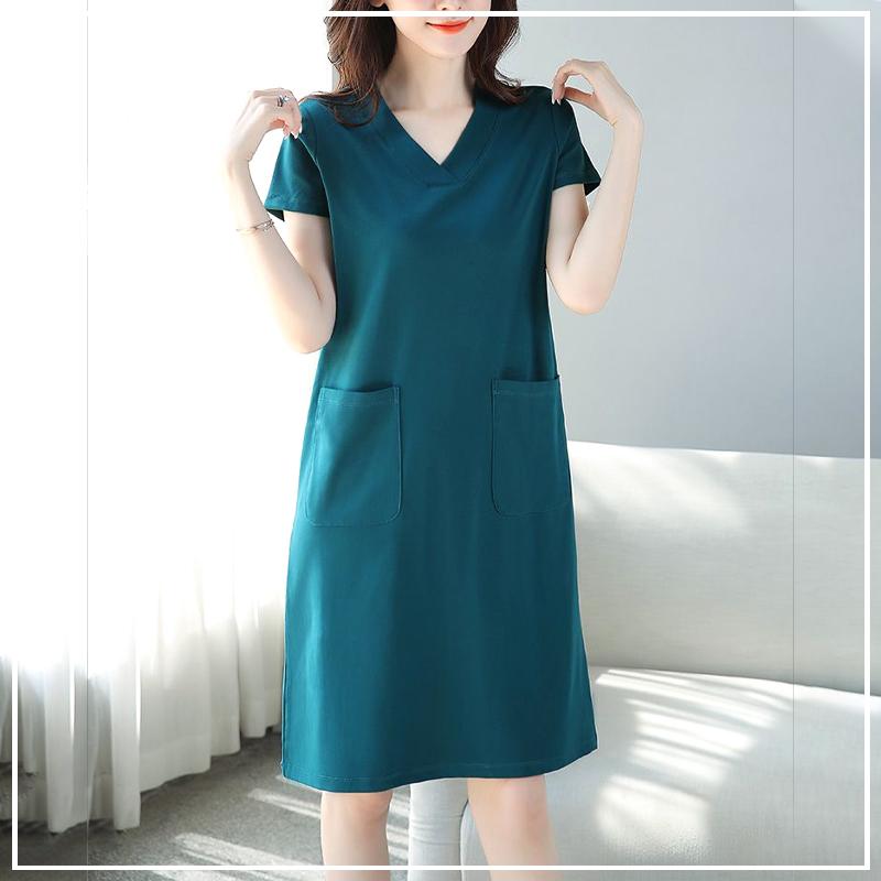 Peacock Blue Short-sleeved Dress for Women Spring Summer Mid-length Loose V-neck Skirt