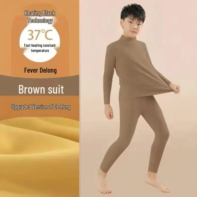 Kids' Double-Sided Fleece Warm Set: High Collar, Cold Protection, Autumn Top & Bottom, Medium/Large Sizes