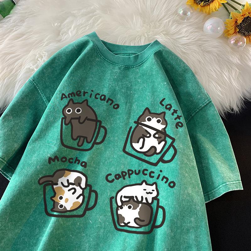 Cat Coffee Pure Cotton Trendy Summer Loose Short Sleeved T-shirt Men Women Mocha Latte Cat Vintage Water Washing Fun Cat Tees