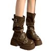 Brown versatile thick-soled heightening Martin boots women's 2025 new autumn American retro belt buckle medium tube fashion boots