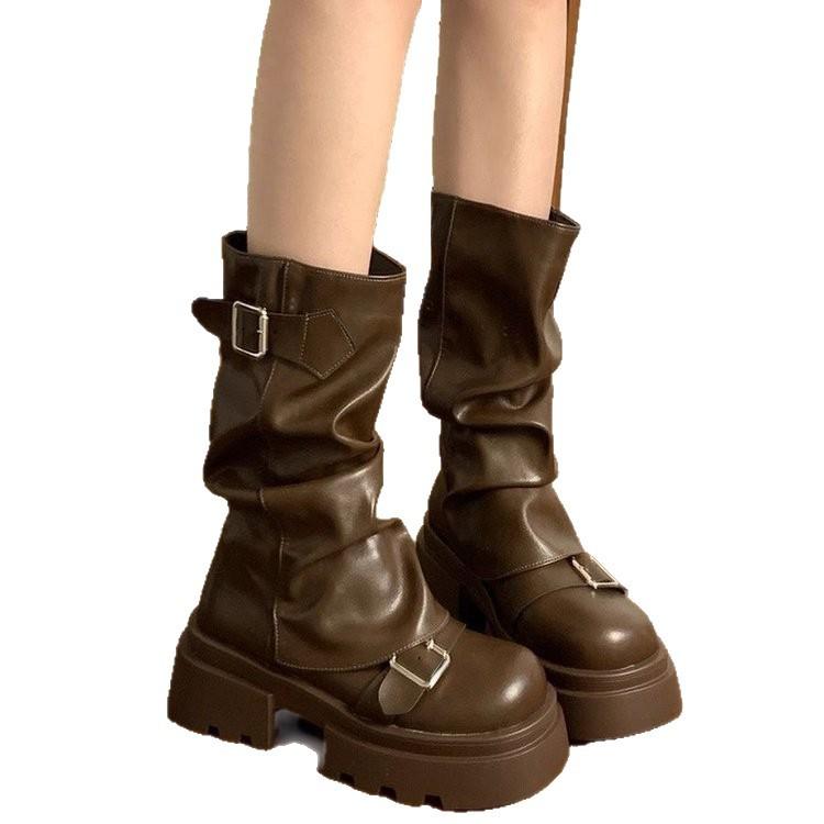 Brown versatile thick-soled heightening Martin boots women's 2025 new autumn American retro belt buckle medium tube fashion boots