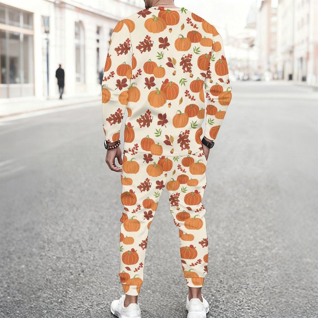 Men Orange Color Block Leopard Pumpkin Sunflower Print Long Sleeve Sweatshirt Jogger Pants Two Piece Suit