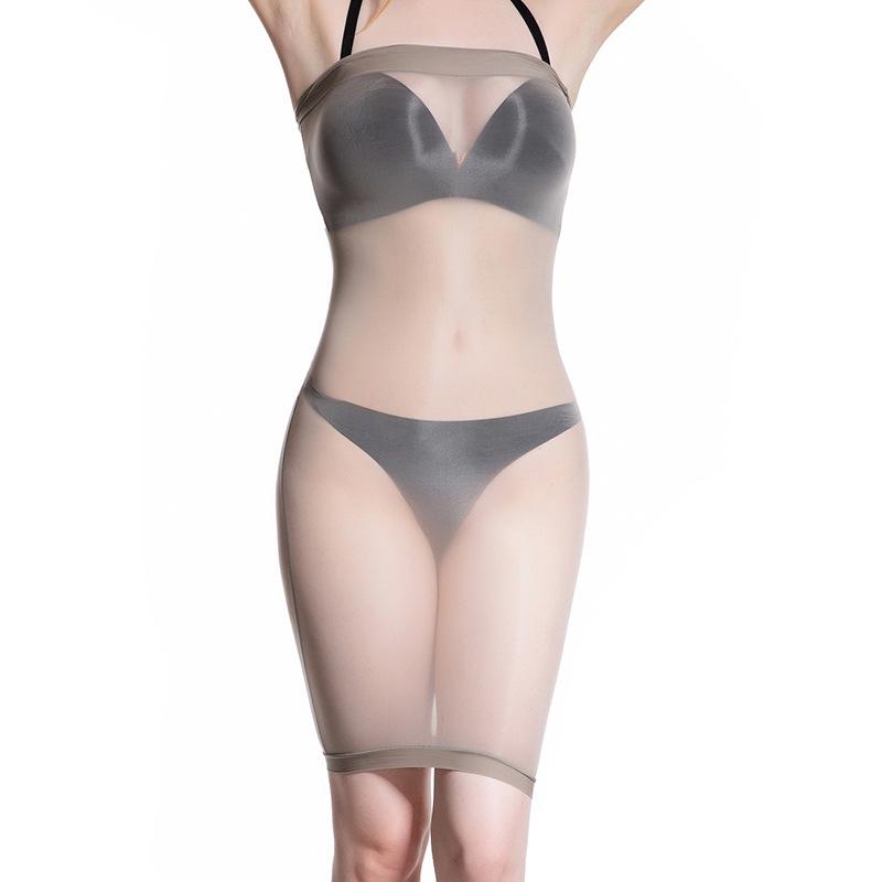 Qinghe 912 8D Sheer Oily Stockings with Tube Top Dress, Tight Mini Skirt Cheongsam, and Ultra-thin Transparent Design