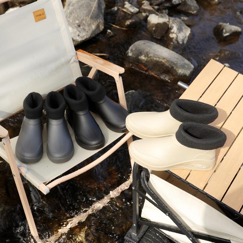 Men's Rain Shoes Non-slip and Waterproof Fashion Rain Boots Fleece Thermal Rubber Shoes Kitchen Work Medium Tube Short Tube Water Shoes