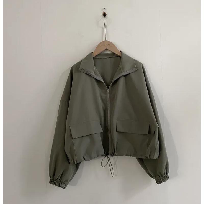 Vintage workwear drawstring short baseball jacket coat for women with a high-end, niche outerwear design