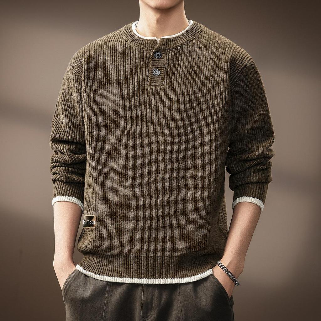 Men's Retro Two-Piece Look Color Block Ribbed Knit Sweater, Autumn Winter Casual Loose Henley Collar.